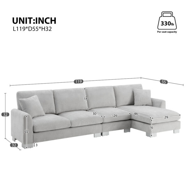 119*55" Modern Oversized Sectional Sofa,L-shaped Luxury Couch Set with 2 Free pillows,5-seat Chenille Indoor Furniture with Chaise for Living Room,Apartment,Office,2 Colors