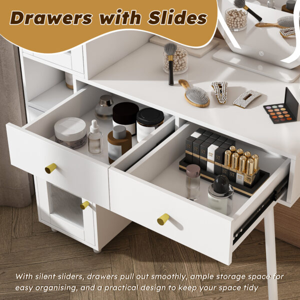 bbfe629db31a4b8190a6d8bbb360d198_c070e7b1af12cac14a201de3cdc97ea3 Vanity Dressing Table with LED Mirror & Storage – White Makeup Desk Features 3 Drawers, 2 Open Shelves & 4 Hidden Cabinets (Transparent Doors) - 3 Adjustable Lighting Modes - Ideal for Bedroom or Livi