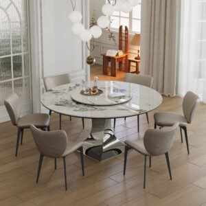 59" Round Sintered Stone Dining Table Set with Stainless Steel Black Titanium Hourglass Base & 6 Gray Padded Chairs – Modern Luxury Marble-Look Kitchen Table for 4-6, Scratch & Heat Resistant Surface