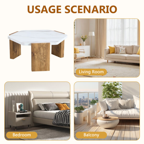 31-inch white marble-textured pentagonal coffee table - wooden triangular base, with a load-bearing capacity of 250 pounds, sturdy and durable, suitable for use in living rooms, cafes,.W1151138529