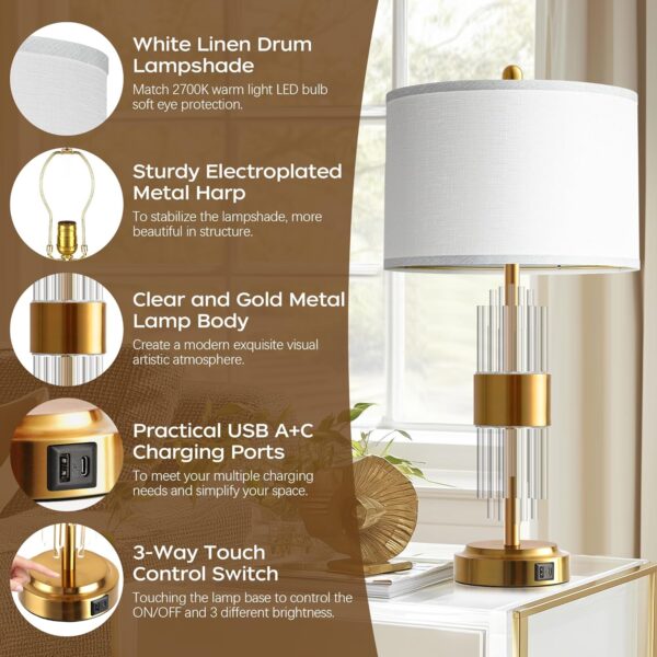 bd3c78fa34c14d6f952703289ded7e4a_0d1caf7ae2ef7ab1d08ec81853f94106 Bedside Table Golden Lamp For Living Room With USB Ports, Set Of 2 With Touch Control, Modern Nightstand White Drum Lamp Shade Bedrooms Home Office Light Decor (2700K LED Bulb Included)