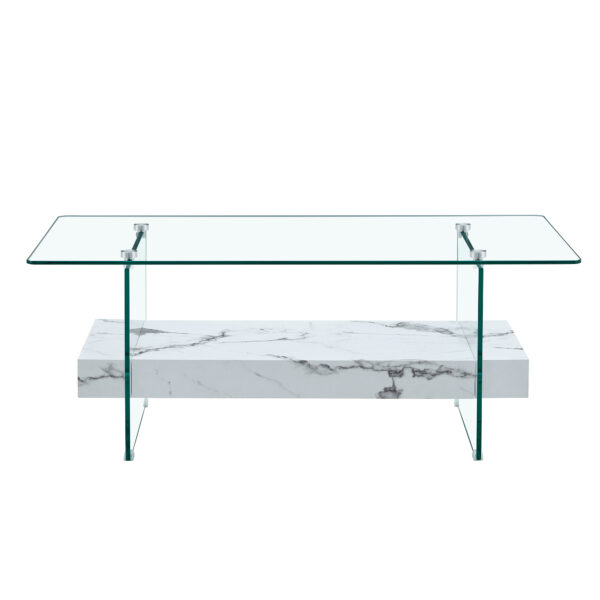 bd4f48a272a44998bff7398c43ce335a_5fc6a61f8c07b898b8865e1c4510912a 43.3 Inch Modern Two-Tier Coffee Table - An Elegant Combination of Clear Glass and White Marble Pattern.It can be used not only as a coffee table but also as a side table or display stand.