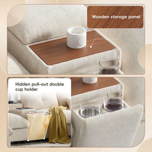 142'' Modular Sectional Sofa with Movable Storage Ottoman and Console,Cup Holder,Wide Seat,6 Seat U Shaped Couch,Oversized Chenille Sofa with USB Charger for Living Room,Apartment,2 Colors
