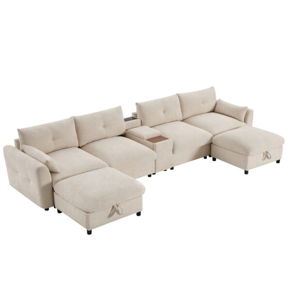 142'' Modular Sectional Sofa with Movable Storage Ottoman and Console,Cup Holder,Wide Seat,6 Seat U Shaped Couch,Oversized Chenille Sofa with USB Charger for Living Room,Apartment,2 Colors