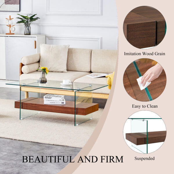 bf380bfef9e04fcab6f196d0e746f72c_145af70d68e7dee634422c224d3c3fd6 43.3 Inch Modern Two-Tier Coffee Table - An Elegant Combination of Clear Glass and Dark Wood Texture Sticker.It can be used not only as a coffee table but also as a side table or display stand.