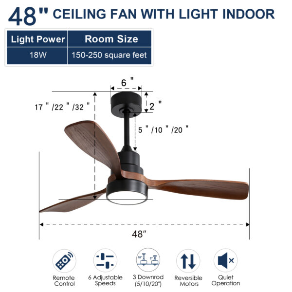 (Same as W882P186029) 48 Inch Wood Ceiling Fan With 3 Solid Wood Blades Remote Control Reversible DC Motor For Living Room