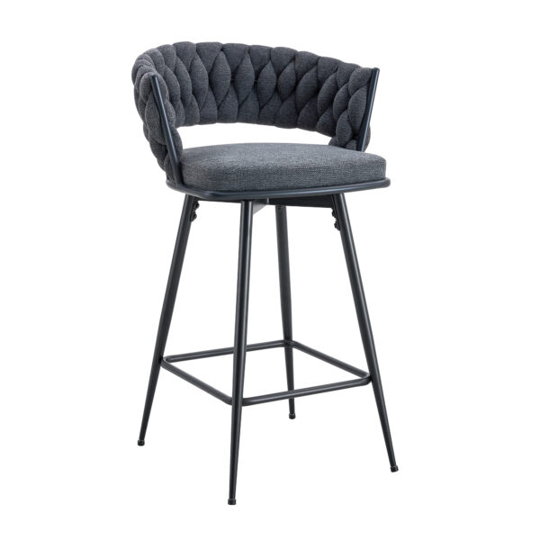bfa799727c5045328fbc98f5e0aa2106_ee1411db0eb664766aa640f2eb9e9a3e Two sets of rotating high-legged stools with breathable cotton and linen cushions, Dark gray seats paired with black spray-painted iron frames, suitable for both restaurants and bars