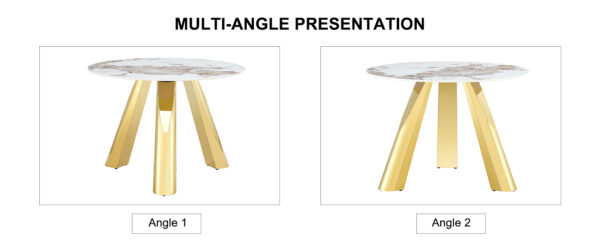 c0925af57ad7446da47ab1e6cb3dce3d_9e1d9858000a4f165eb3460dd0e156e4 A 42-inch stainless steel white pattern burning stone round table with gold legs Round table suitable for 2, 4 or 6 people