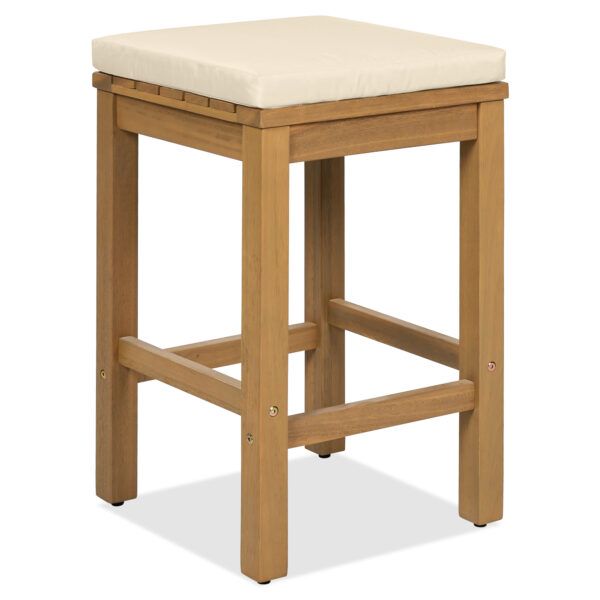 5 Piece Outdoor Bar Set, Patio Acacia Wood Bar Height Table & Four Stools with Cushions, Wood Dining Bar Set for Backyard, Poolside, Balcony, Beige