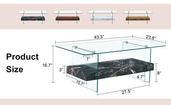 c1d52cc7f2ef4b878b287dacd370d717_db4d93d5c99a0635b4527762794ff3a4 43.3 Inch Modern Two-Tier Coffee Table - An Elegant Combination of Clear Glass and Black Marble Pattern.It can be used not only as a coffee table but also as a side table or display stand.