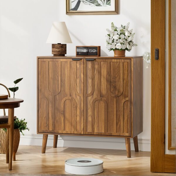 Sideboard Buffet Cabinet with Storage, Farmhouse Buffet Cabinet With Paper Clip Design, Wood Coffee Bar Storage Cabinet for Kitchen, Dining Room, Living Room, Entryway, Walnut,31.5" W