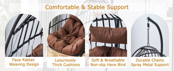 Indoor Outdoor Egg Swing Chair with Stand, Patio Grey Wicker Rattan Hanging Chair with Rope Back, Cushion,Cover,All Weather Foldable Hammock Chair for Bedroom, Porch, Garden