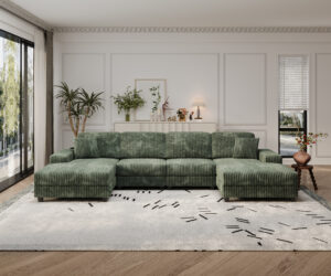 Convertible U-shaped Combination Sofa, Corduroy Fabric, Modern Comfortable Large Size 4 Seat Sofa, Living Room Double Lounge Chair ,Green