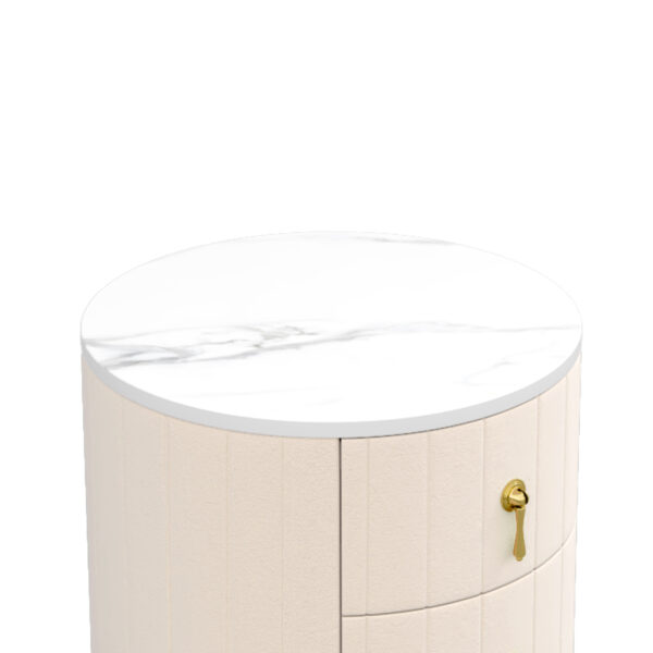 Upholstered Nightstand with 3 Drawers, Round Bedside Table with Metal Handles,Marbling Stickers Top Night Table for Bedroom, Fully Assembled Except Handles, Beige