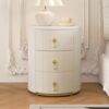 Upholstered Nightstand with 3 Drawers, Round Bedside Table with Metal Handles,Marbling Stickers Top Night Table for Bedroom, Fully Assembled Except Handles, Beige