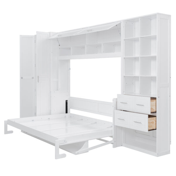 Queen Size Murphy Bed Wall Bed with Closet , Drawers and Shelves, White