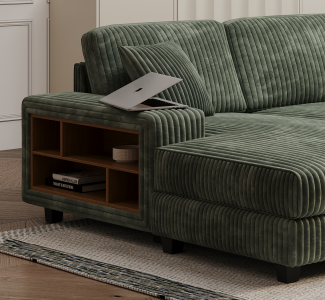 Convertible U-shaped Combination Sofa, Corduroy Fabric, Modern Comfortable Large Size 4 Seat Sofa, Living Room Double Lounge Chair ,Green
