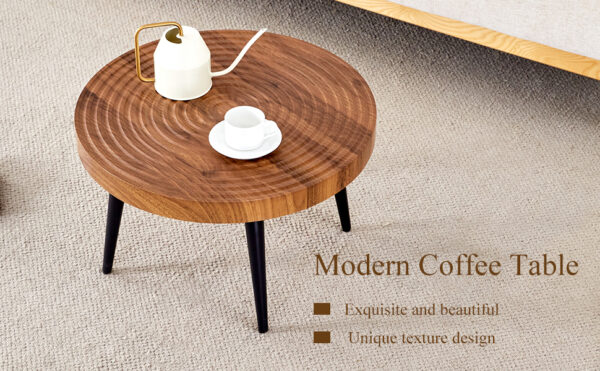 c4403b4b99374742b71a780319be0794_1a9be5a26c29f5b73a1458030bdc9785 Natural Wood Grain Texture Round Coffee Table - Diameter 23.6 Inches.Exquisite Suction Molding Process,Natural Wood Grain Texture,Black Sprayed Metal Leg.