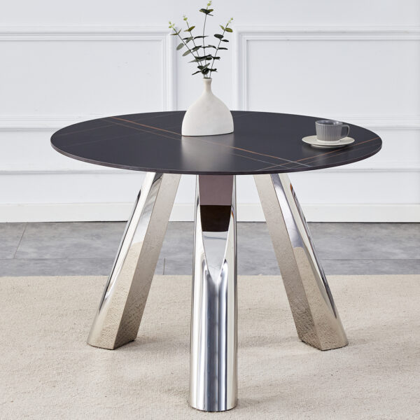c4629d4e2995462f867ddffefa2779bb_0dc64efe2d64694faa6e0adf5370e75c A 42-inch burn stone round table with stainless steel legs can accommodate 4 or 6 diners