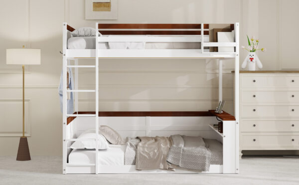 Queen Size Wooden Bunk Bed with Built-in Shelves,Storage Box,LED Light and USB Charging Station,White(ETA:6/30)