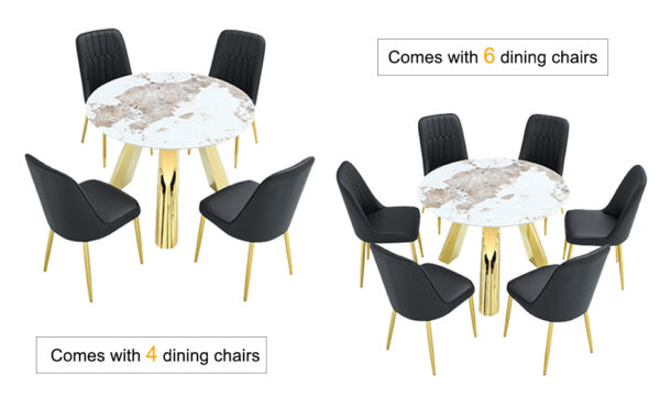 c4e6bb8568bf4a81adbca7290b54f261_9b15b856be86ceb308b9f04f265de6c8 A 42-inch stainless steel white pattern burning stone round table with gold legs Round table suitable for 2, 4 or 6 people