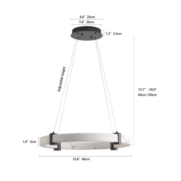 Modern LED Pendant Light, 24-Inch Round Hanging Chandelier with Adjustable Height, Imitation Marble Finish Resin Ring Ceiling Light for Dining Room, Kitchen Island, Living Room