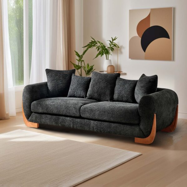 Modern Elegant Design 3 Seater Sofa with Wooden Legs, Comfortable Lambswool 5 Pillows for Living Room, Bedroom, Apartment, Black