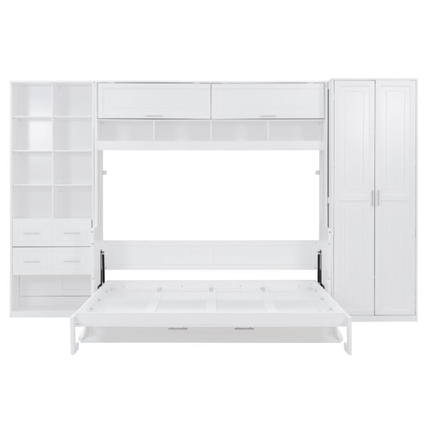 Queen Size Murphy Bed Wall Bed with Closet , Drawers and Shelves, White