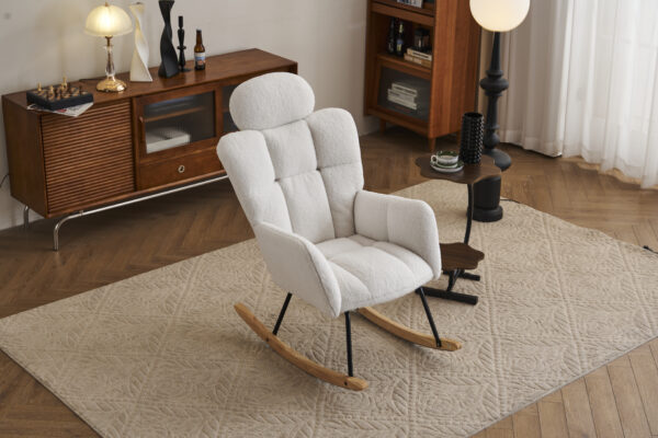 055-Teddy Fabric Upholstered Nursery Rocking Glider Chair Modern Accent Armchair Padded Seat with High Backrest and Pillow for Living Room Bedroom (Ivory)