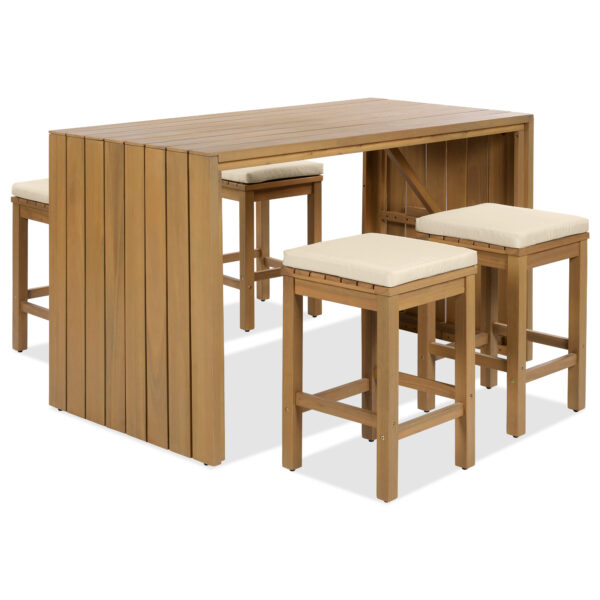 5 Piece Outdoor Bar Set, Patio Acacia Wood Bar Height Table & Four Stools with Cushions, Wood Dining Bar Set for Backyard, Poolside, Balcony, Beige