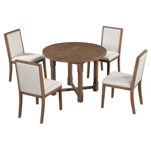 TREXM 5-Piece Extendable Dining Table Set for 4, Round Dining Table for 4 with Upholstered Chairs, Farmhouse Kitchen Table Set with Removable Leaf for Dining Room and Kitchen (Brown)