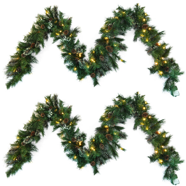 c6c0663235674ede867bc5f2bb32797e_a4d13952d54c43dbae141ac82f4ca80f 2-packed 9'X10'' Cashmere and Snow Bristle Garland with 20 Pine Cones and with 50 Warm White LED Lights with Timer-Battery Operated-Outdoor,160 Tips