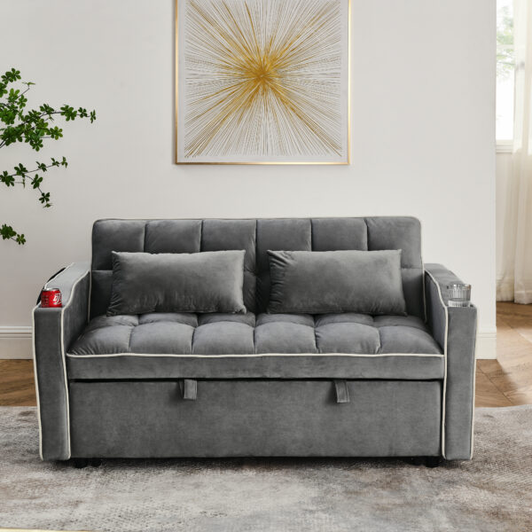 55.51 inch versatile foldable sofa bed in 3 lengths, modern sofa sofa sofa velvet pull-out bed, adjustable back and with USB port and ashtray and swivel phone stand (Grey)