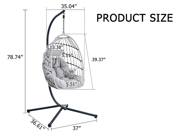 GRHeavy-Duty Iron Hanging Chair with Wicker Weave – Single Person Swing for Indoor/Outdoor (Gray)