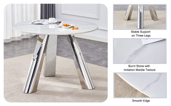 c798b6c3600144358811a96087c23b7f_f41c55e51b1312bdc84fa6dc75329bce A 42-inch stainless steel leg round table with a marble top is suitable for use by four or six people