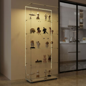 Tempered Glass Display Cabinet, Wine Cabinet, Storage Cabinet, File Cabinet with Bluetooth LED Light Strips, Lock on Door, Tempered Glass Top, Casters at Bottom for Easy Movement, Color: white
