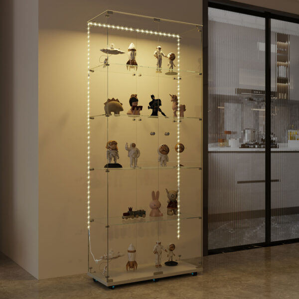 Tempered Glass Display Cabinet, Wine Cabinet, Storage Cabinet, File Cabinet with Bluetooth LED Light Strips, Lock on Door, Tempered Glass Top, Casters at Bottom for Easy Movement, Color: white