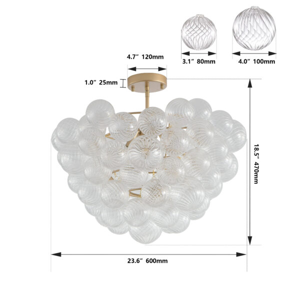 23.6-Inch Gold Ceiling Pendant Light with Threaded Clear Glass Globe Shade – Ideal for Living Room, Dining Room, Kitchen (Non Adjustable Height, No Bulbs)