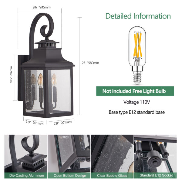 c7ea34c5e5d3473d977d0e95954c1e1f_6c81b185aa60c4b4b572638bc928825d 23"(H) 2-Pack Outdoor Wall Lantern Light – Vintage Black Metal Sconce with Clear Seeded Glass for Porch, Patio, and Garden (Bulb Not Included)