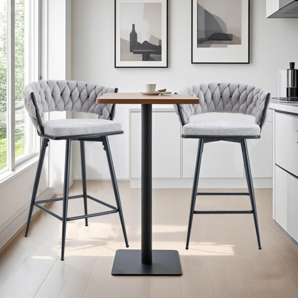 Set of 2 Swivel Bar Stools with Breathable Linen Cushions - Light Gray Seat & Black Iron Frame, Counter Height Stools for Kitchen Island, Dining or Pub