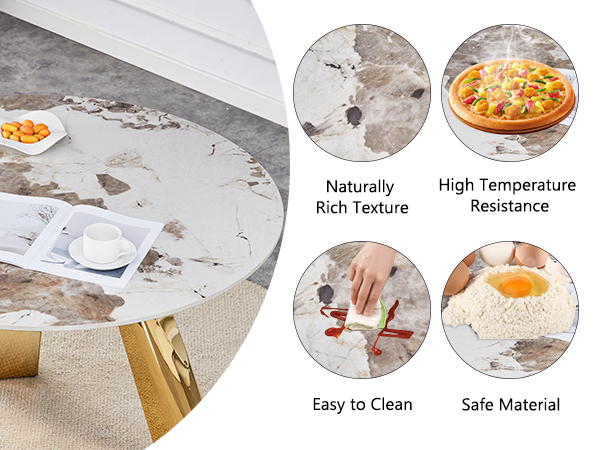c8645537d0424c218b74833d89185b62_28ee176791c1d6752ba1cf4c2f12bd1b A 42-inch stainless steel white pattern burning stone round table with gold legs Round table suitable for 2, 4 or 6 people