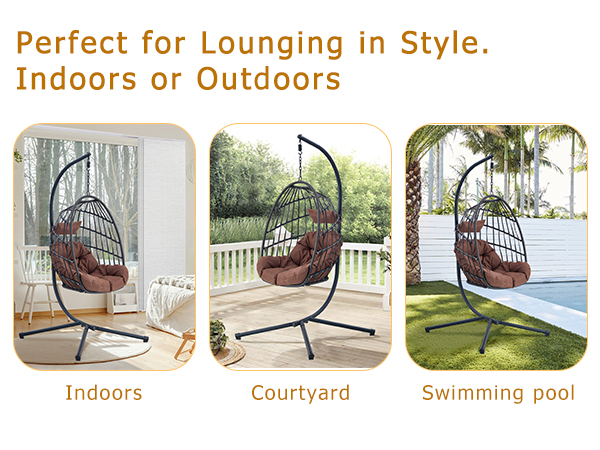 Indoor Outdoor Egg Swing Chair with Stand, Patio Grey Wicker Rattan Hanging Chair with Rope Back, Cushion,Cover,All Weather Foldable Hammock Chair for Bedroom, Porch, Garden