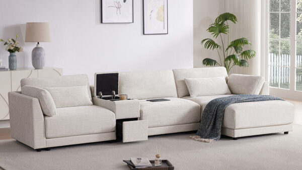 [VIDEO+NEW]124'' Modular Sectional Sofa with Storage Console and Movable Ottoman,33'' Wide Seat,4 Seat L Shaped Chenille Couch,Reversible Comfy Sofa with USB Charger for Living Room,Apartment,2 Colors