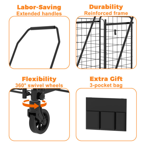 Shopping Cart with open door,Grocery Cart on Wheels, Foldable Utility Shopping Carts with Double Basket and 360° Rolling Swivel Wheels for Groceries Laundry