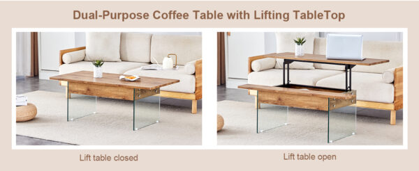 caa802fc7be2402d8f9be3ea0ec043a5_90f59a6f0b63002eb7e59f519b5c9a4d Multifunctional Lift Top Coffee Table -Light Wood Color Grain Sticker, Essential for Modern Homes.Tempered Glass Legs,Lift Top Feature.Perfectly Fitting Into Living Rooms And Office.