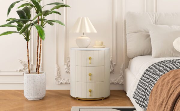 Upholstered Nightstand with 3 Drawers, Round Bedside Table with Metal Handles,Marbling Stickers Top Night Table for Bedroom, Fully Assembled Except Handles, Beige
