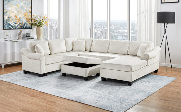 Sectional Sofa 111.8" U-shaped Sofa Chenille Upholstered Sofa Couch with Movable Storage Ottoman for Living Room, White