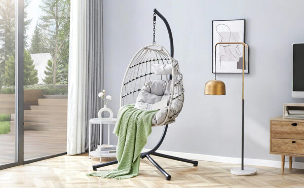 GRHeavy-Duty Iron Hanging Chair with Wicker Weave – Single Person Swing for Indoor/Outdoor (Gray)