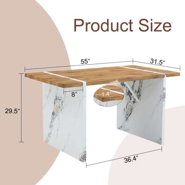 cdc2adeb0d6e4e7894f95a7c26df0b25_a25e3801281c5109994e70912e28e606 Natural Wood Grain MDF Dining Table - 55"x31.5" Stable Design.Suitable For Various Modern Home Decor Styles.Splicing structure design,Wood Textured Desktop,White Marble Patterned Table Legs.