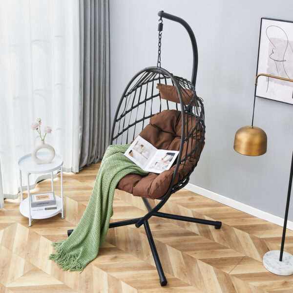 Indoor Outdoor Egg Swing Chair with Stand, Patio Grey Wicker Rattan Hanging Chair with Rope Back, Cushion,Cover,All Weather Foldable Hammock Chair for Bedroom, Porch, Garden